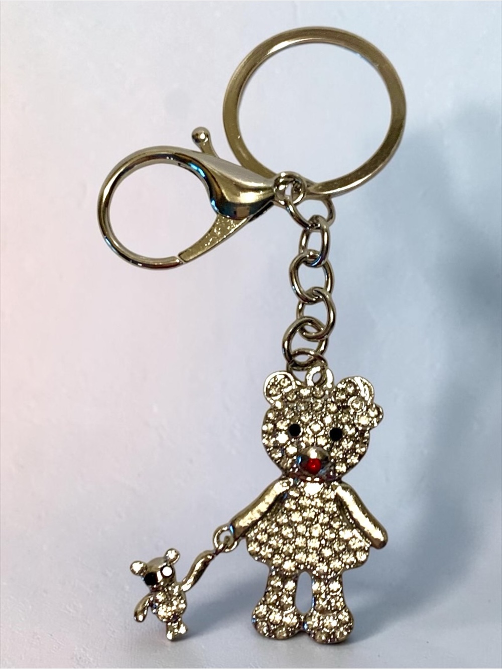 Silver Girl Teddy Bear with dangle baby bear Crystal Keychain for Kids NWT
